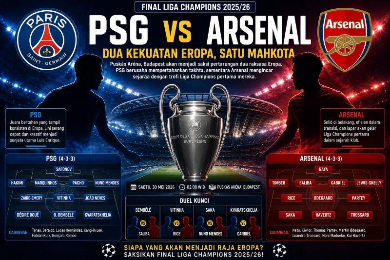 Prediksi Susunan Pemain Final Liga Champions 2025/26  - PSG vs Arsenal