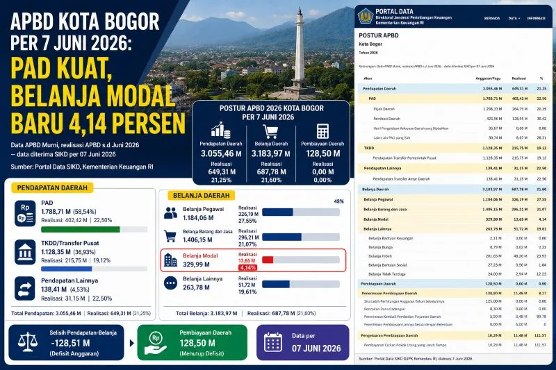 APBD Kota Bogor per 7 Juni 2026: PAD Kuat, Belanja Modal Baru 4,14 Persen